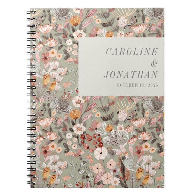Rustic Sage Green Taupe Floral Boho Custom Wedding Notebook (Front)