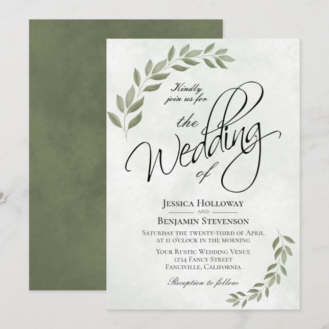 Rustic Sage Green Watercolor Leaves Chic Wedding Invitation (Front/Back)