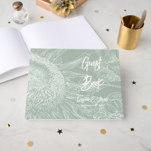 Rustic Sage Green White Half Sunflower Floral Art  Guest Book