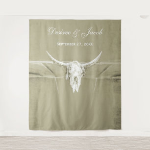 Rustic Sage Green White Western Cow Skull Backdrop Tapestry