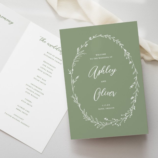Rustic Sage Green Wildflower Wreath Wedding Program (Creator Uploaded)