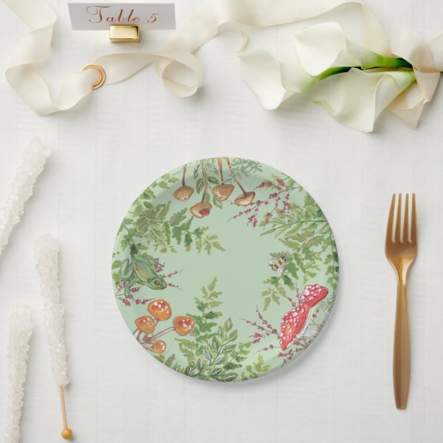 Rustic Sage Green Woodland Frog Bee Mushroom  Paper Plate (Wedding)