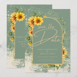 Rustic Sage Green Yellow Sunflowers Wedding Allin1 Invitation