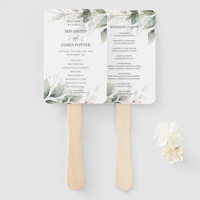 Rustic Sage Greenery Leafy Gold Wedding Programs Hand Fan (Front and Back)