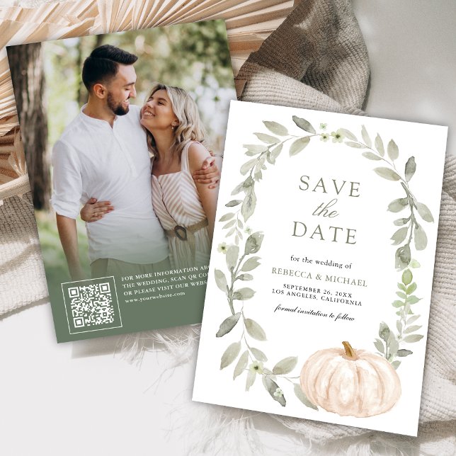 Rustic Sage Greenery White Pumpkin Wedding Photo Save The Date (Creator Uploaded)
