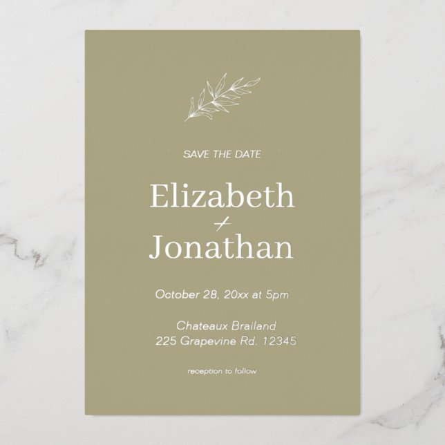 Rustic Sage simple leaf  save the date silver   (Front)