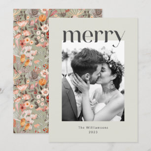 Rustic Sage Taupe Floral Boho Photo Wedding Holiday Card