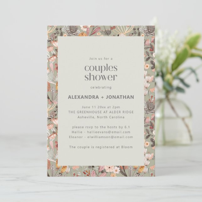 Rustic Sage Wildflower Botanical Couples Shower Invitation (Standing Front)