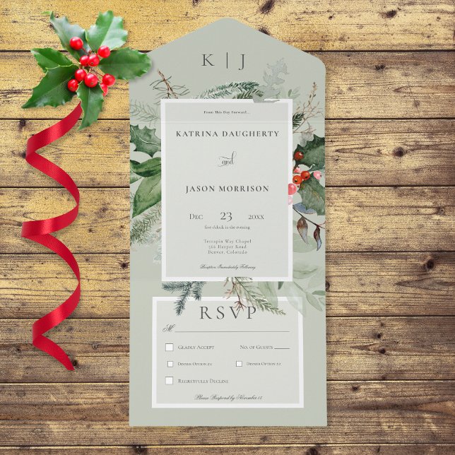Rustic Sage Winter Holly & Pine Dinner All In One Invitation (Also available with a QR code or without dinner selection options.)
