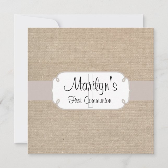 Rustic Salmon and Beige Burlap First Communion Invitation (Front)