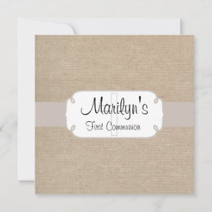 Rustic Salmon and Beige Burlap First Communion Invitation
