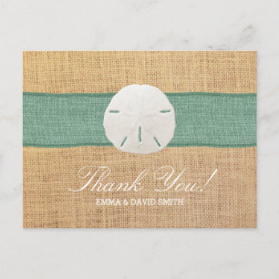 Rustic Sand Dollar Green Burlap Ribbon Thank You Postcard