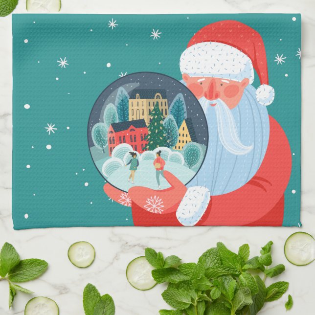 Rustic Santa Claus Globe Town Kitchen Towel (Folded)
