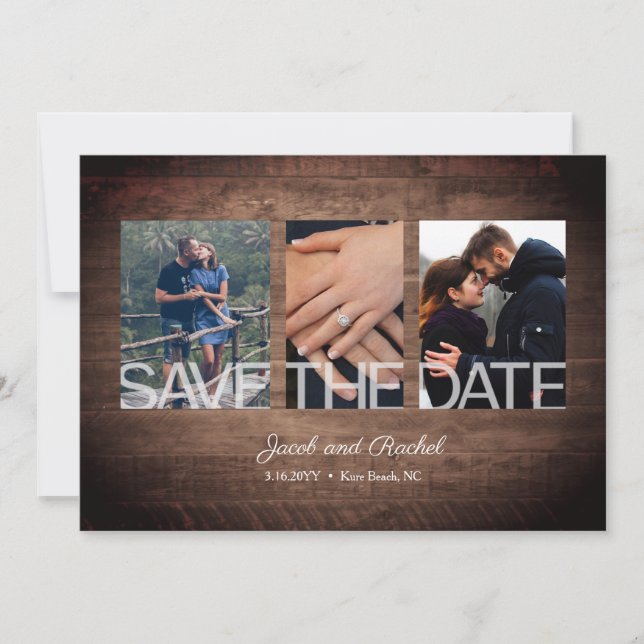 Rustic Save the Date 3-Photo Collage Wood Wedding (Front)