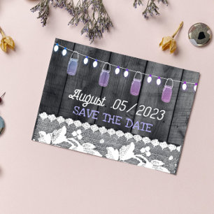 rustic save the date with wood ,lace ,string light announcement postcard