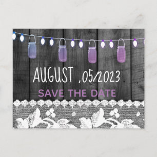 rustic save the date with wood ,lace ,string light announcement postcard
