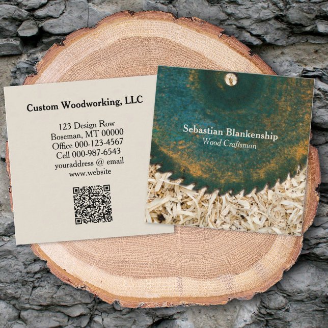 Rustic Saw Blade Woodworking Craftsman QR Code  Square Business Card (Creator Uploaded)
