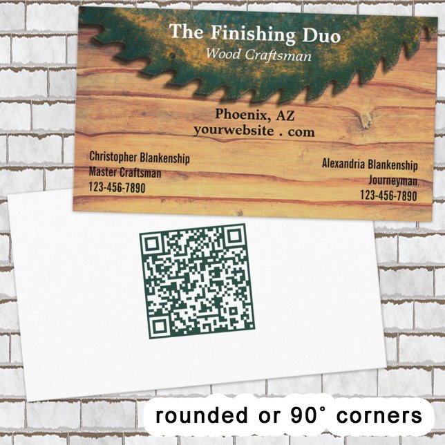 Rustic Saw Blade Woodworking Dual Names QR Code Business Card (A contracting, woodworking dual name business card design with QRr code on the back. )