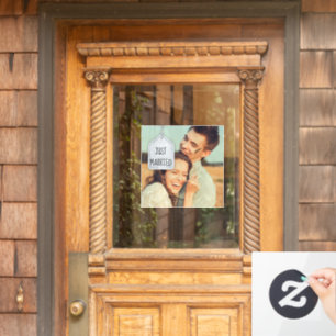 Rustic Scrapbook Just Married Photo Wedding Square Window Cling