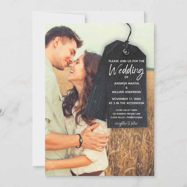 Rustic Scrapbook Photo with Tag Wedding Invitation (Front)