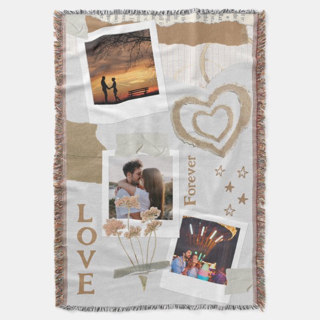 Rustic Scrapbook Romance with Hearts and Flowers Throw Blanket (Front Vertical)