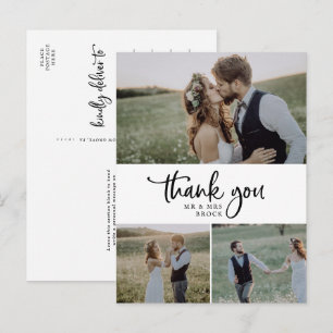 Rustic Script 3 Photo Collage Wedding Thank You Postcard