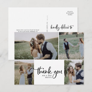 Rustic Script 4 Photo Collage Wedding Thank You Postcard
