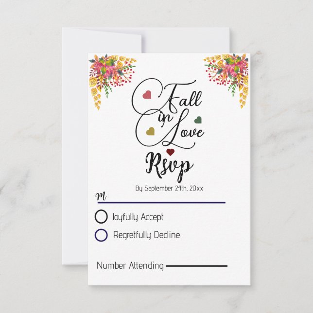 Rustic  Script Autumn Floral Fall in Love Wedding  RSVP Card (Front)