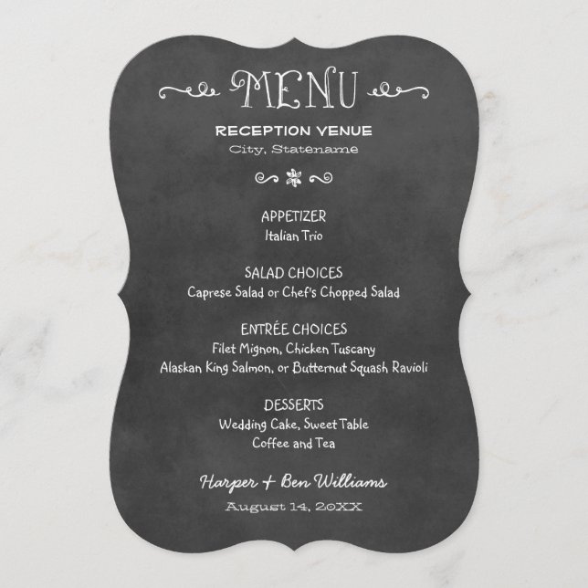 Rustic Script Black Chalkboard Wedding Dinner Menu (Front)