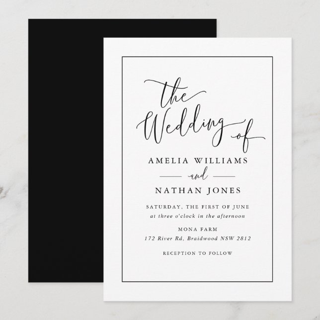 Rustic Script Black White Wedding   Invitation (Front/Back)