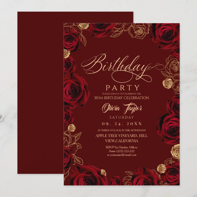 Rustic Script Burgundy Rose Birthday  Invitation (Front/Back)