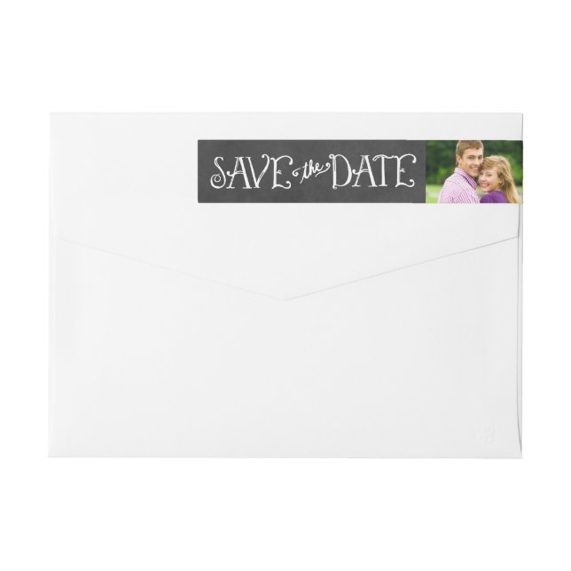 Rustic Script Chalkboard Photo Save the Date Black Wrap Around Label (Back)