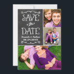 Rustic Script Chalkboard Wedding Black Save The Date<br><div class="desc">Whimsical and unique two-sided photo collage announcement card save the dates feature a rustic textured look blackboard background with handwritten style fonts that have a white chalk appearance. Personalize with the wedding details and three (3) favourite engagement photos.</div>
