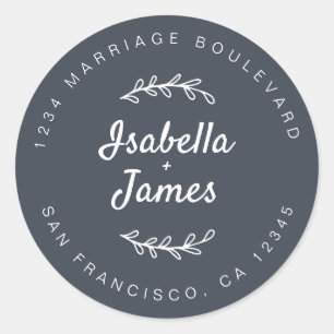 Rustic Script Dark Blue Wedding Return Address Classic Round Sticker