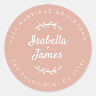 Rustic Script Dusty Pink Wedding Return Address Classic Round Sticker