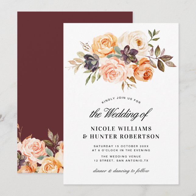 Rustic script fall floral wedding invitation (Front/Back)