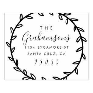 Rustic Script & Hand-drawn Wreath Return Address Rubber Stamp