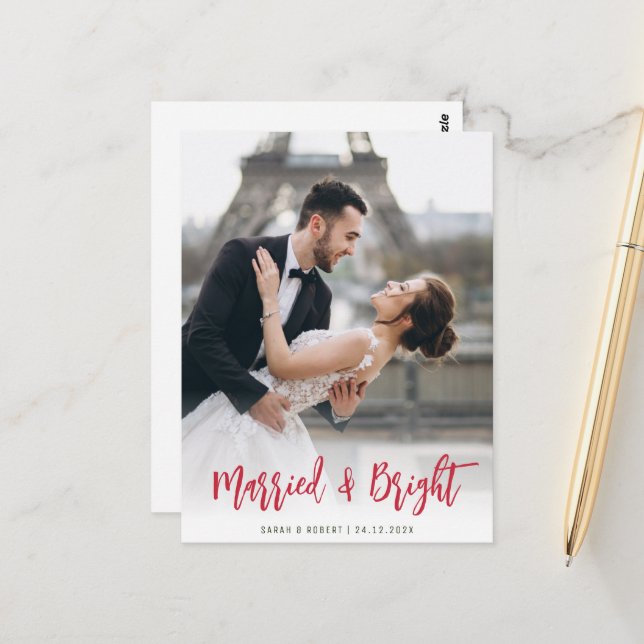 rustic script holiday wedding announcement postcard (Front/Back In Situ)