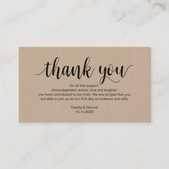 Rustic Script, kraft, black, Wedding Thank you Enclosure Card (Front)