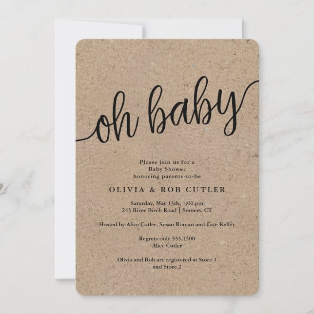 Rustic Script Kraft Oh Baby Shower Invitation (Front)