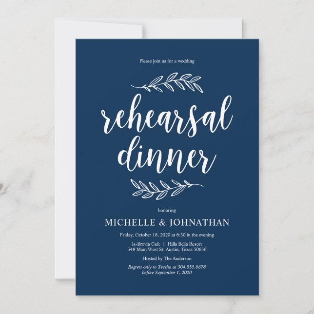 Rustic Script, Navy Blue, Wedding Rehearsal Dinner Invitation (Front)