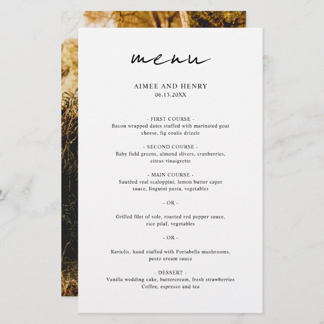 Rustic Script Photo Modern Wedding Menu (Front/Back)