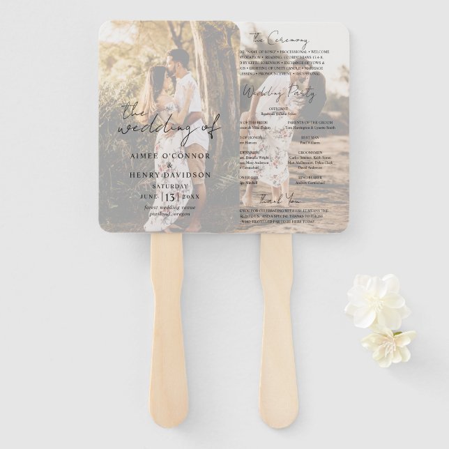 Rustic Script Photo Modern Wedding Program Hand Fan (Front and Back)
