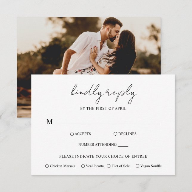 Rustic Script Photo Modern Wedding RSVP Card (Front/Back)