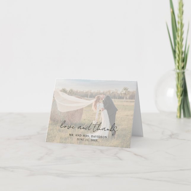 Rustic Script Photo Modern Wedding Thank You Card (Front)