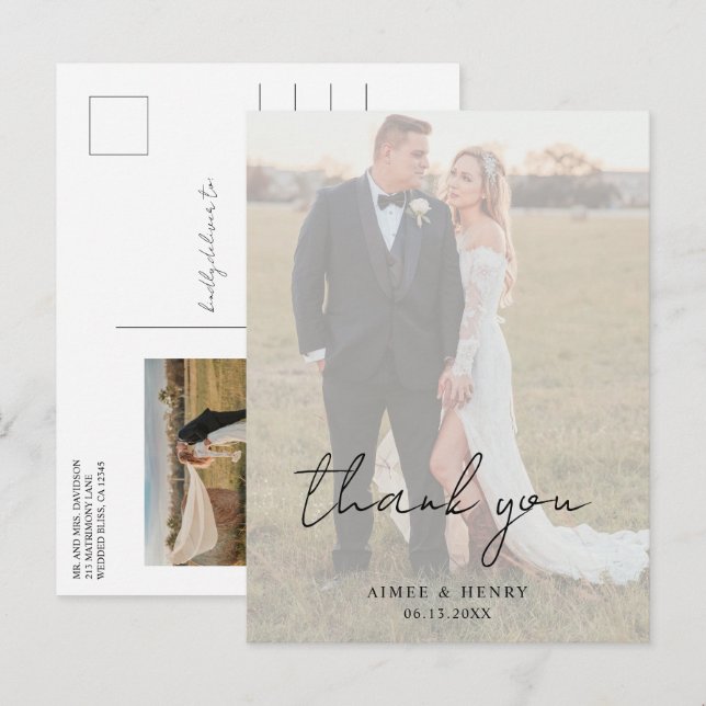 Rustic Script Photo Modern Wedding Thank You Postcard (Front/Back)