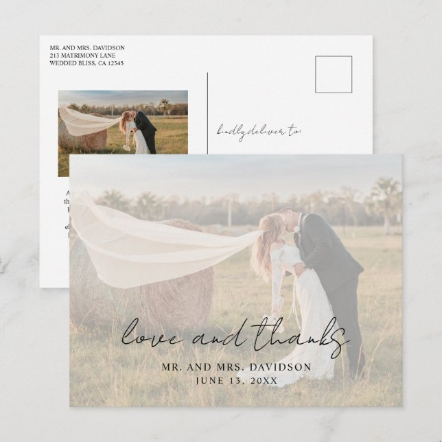 Rustic Script Photo Modern Wedding Thank You Postcard (Front/Back)