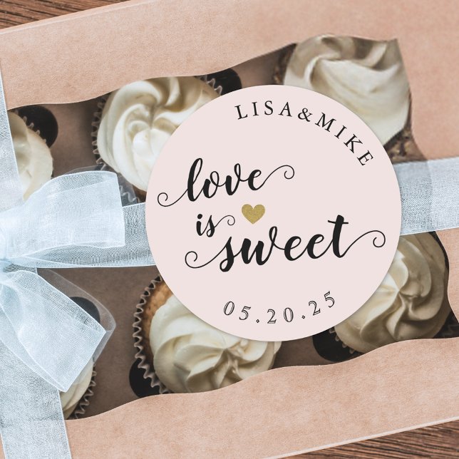 Rustic Script Pink Love is Sweet Wedding Favour Classic Round Sticker (Creator Uploaded)