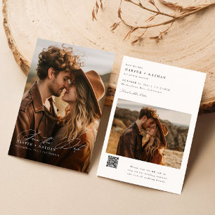 Rustic Script Qr Code Photo Wedding Save The Date