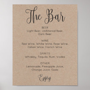 Rustic script simple wedding alcohol drinks bar poster